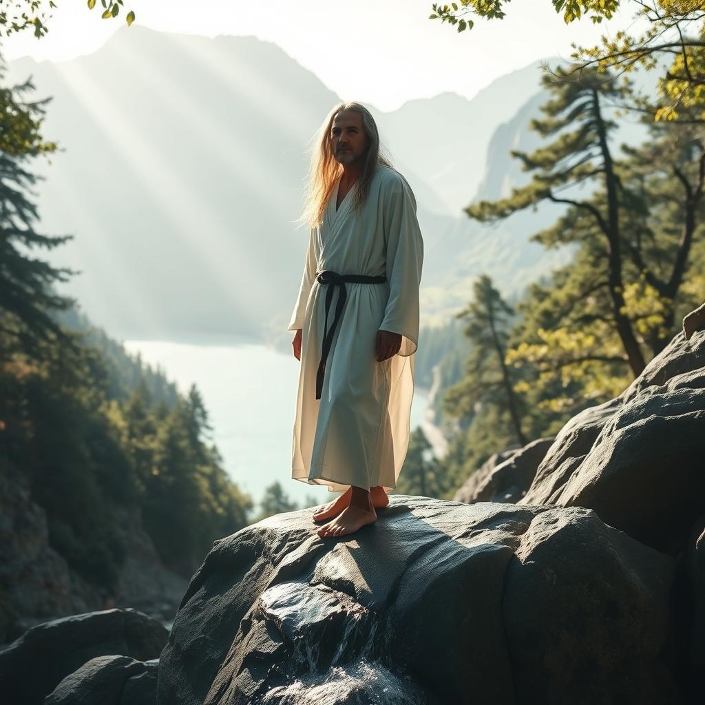 A mysterious and calm man standing on a large stone waterfall in a serene natural setting, surrounded by a dense forest, majestic mountains, and a clear sea in the background