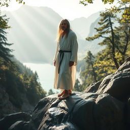 A mysterious and calm man standing on a large stone waterfall in a serene natural setting, surrounded by a dense forest, majestic mountains, and a clear sea in the background