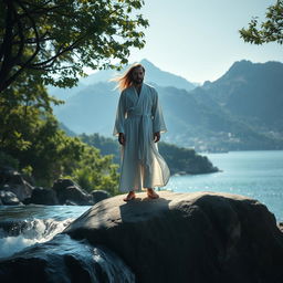 A mysterious and calm man standing on a large stone waterfall in a serene natural setting, surrounded by a dense forest, majestic mountains, and a clear sea in the background