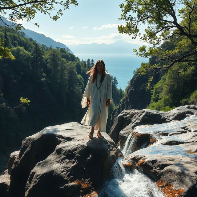 A mysterious and calm man standing on a large stone waterfall in a serene natural setting, surrounded by a dense forest, majestic mountains, and a clear sea in the background