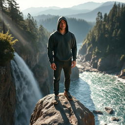 A mysterious and calm man wearing a hooded sweatshirt, standing confidently on a large rock at the edge of a breathtaking waterfall