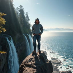 A mysterious and calm man wearing a hooded sweatshirt, standing confidently on a large rock at the edge of a breathtaking waterfall