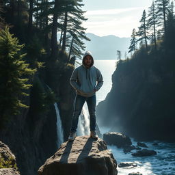 A mysterious and calm man wearing a hooded sweatshirt, standing confidently on a large rock at the edge of a breathtaking waterfall