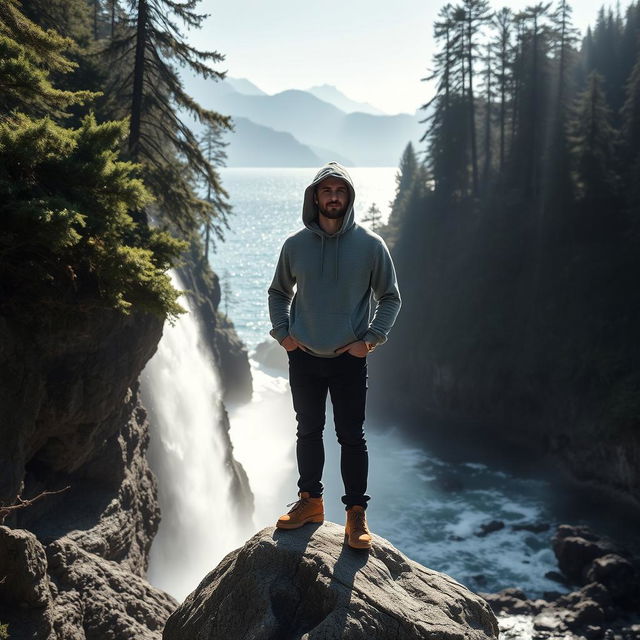 A mysterious and calm man wearing a hooded sweatshirt, standing confidently on a large rock at the edge of a breathtaking waterfall