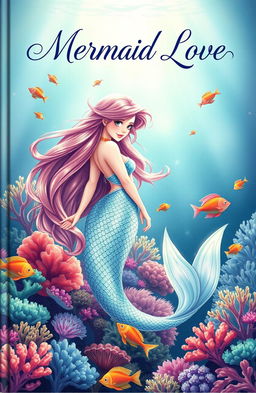 A beautifully illustrated book cover titled 'Mermaid Love,' featuring a stunning mermaid with long flowing hair, shimmering scales, and a captivating tail