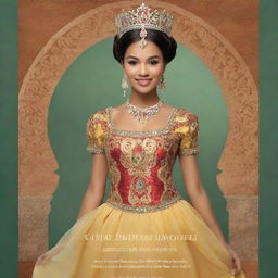 Design a flyer for a cultural princess pageant. Highlight diverse princesses from various world cultures in traditional attire. Include an earthy and vibrant color palette, with a global motif. Feature text for date, location, and event information.