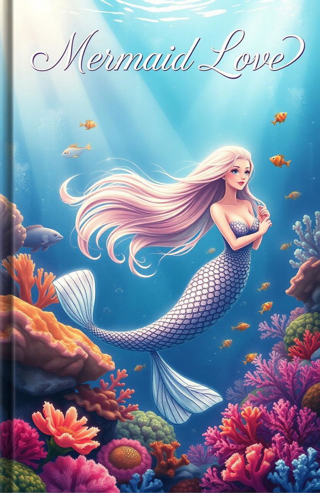 A beautifully illustrated book cover titled 'Mermaid Love,' featuring a stunning mermaid with long flowing hair, shimmering scales, and a captivating tail