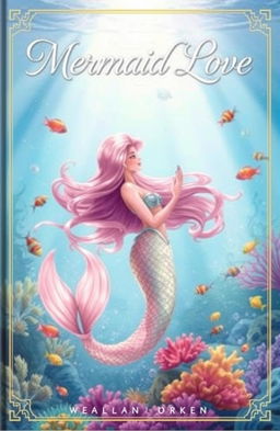 A beautifully illustrated book cover titled 'Mermaid Love,' featuring a stunning mermaid with long flowing hair, shimmering scales, and a captivating tail