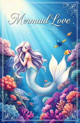 A beautifully illustrated book cover titled 'Mermaid Love,' featuring a stunning mermaid with long flowing hair, shimmering scales, and a captivating tail