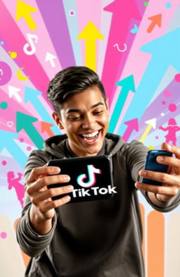 A vibrant and engaging scene symbolizing TikTok growth, showing a person animatedly creating content on their phone with the TikTok logo visible