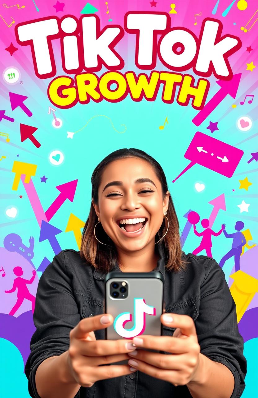 A vibrant and engaging scene symbolizing TikTok growth, showing a person animatedly creating content on their phone with the TikTok logo visible