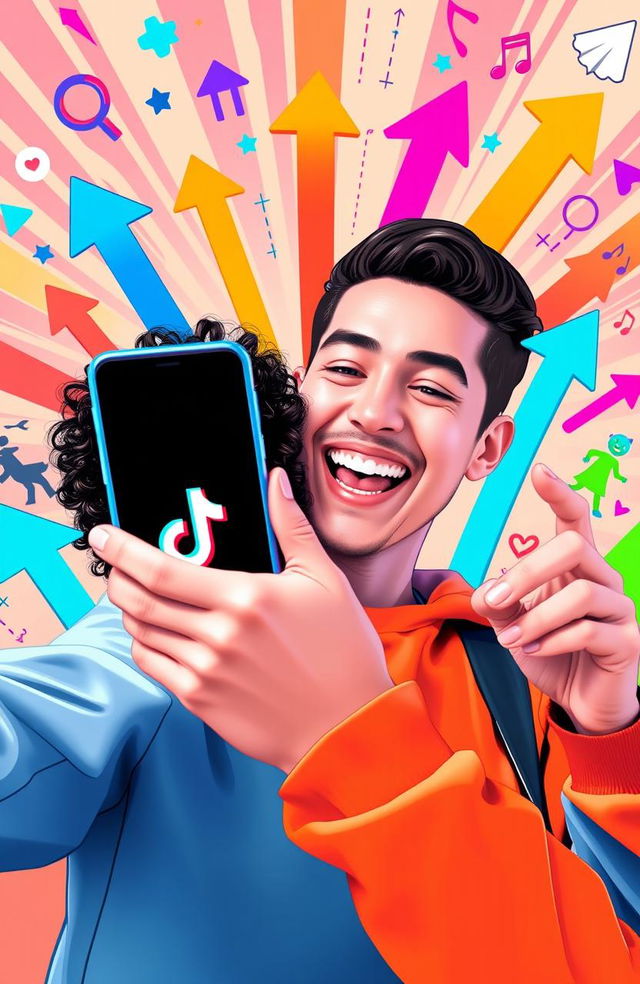 A vibrant and engaging scene symbolizing TikTok growth, showing a person animatedly creating content on their phone with the TikTok logo visible