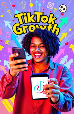 A vibrant and engaging scene symbolizing TikTok growth, showing a person animatedly creating content on their phone with the TikTok logo visible