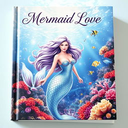 A captivating book cover titled 'Mermaid Love,' featuring an enchanting mermaid with iridescent scales and long, flowing hair