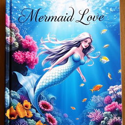 A captivating book cover titled 'Mermaid Love,' featuring an enchanting mermaid with iridescent scales and long, flowing hair
