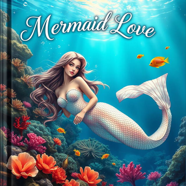 A captivating book cover titled 'Mermaid Love,' featuring an enchanting mermaid with iridescent scales and long, flowing hair