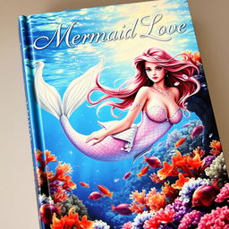 A captivating book cover titled 'Mermaid Love,' featuring an enchanting mermaid with iridescent scales and long, flowing hair