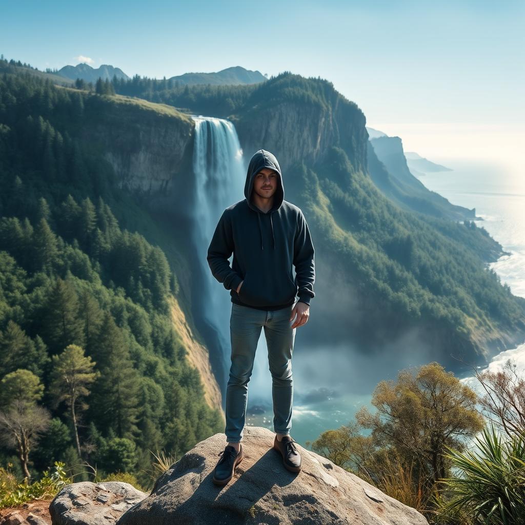 A mysterious and calm man wearing a hoodie stands on a large stone in front of a majestic waterfall