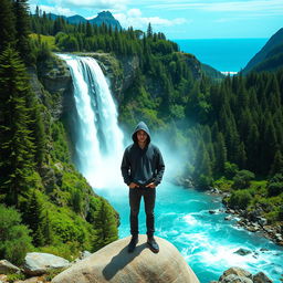 A mysterious and calm man wearing a hoodie stands on a large stone in front of a majestic waterfall