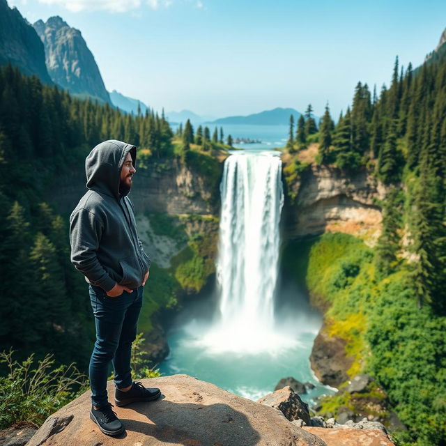 A mysterious and calm man wearing a hoodie stands on a large stone in front of a majestic waterfall