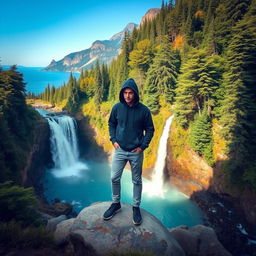 A mysterious and calm man wearing a hoodie stands on a large stone in front of a majestic waterfall