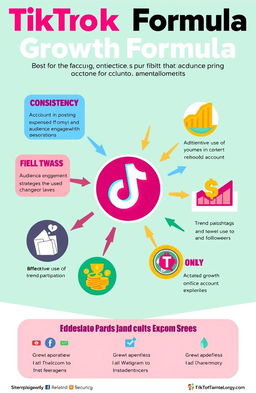 A visually striking and dynamic infographic illustrating the TikTok growth formula for account expansion and monetization