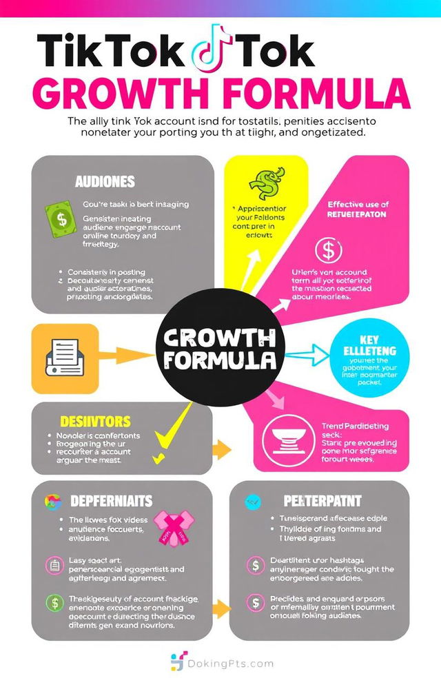 A visually striking and dynamic infographic illustrating the TikTok growth formula for account expansion and monetization