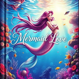 An enchanting book cover titled 'Mermaid Love,' showcasing a beautiful mermaid with lustrous, cascading hair and a mesmerizing, glittering tail