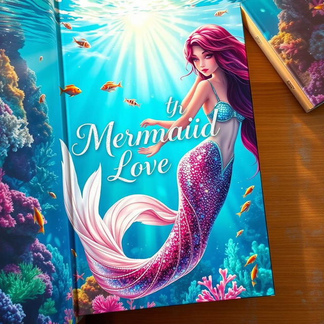 An enchanting book cover titled 'Mermaid Love,' showcasing a beautiful mermaid with lustrous, cascading hair and a mesmerizing, glittering tail