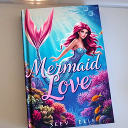 An enchanting book cover titled 'Mermaid Love,' showcasing a beautiful mermaid with lustrous, cascading hair and a mesmerizing, glittering tail