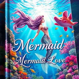 An enchanting book cover titled 'Mermaid Love,' showcasing a beautiful mermaid with lustrous, cascading hair and a mesmerizing, glittering tail