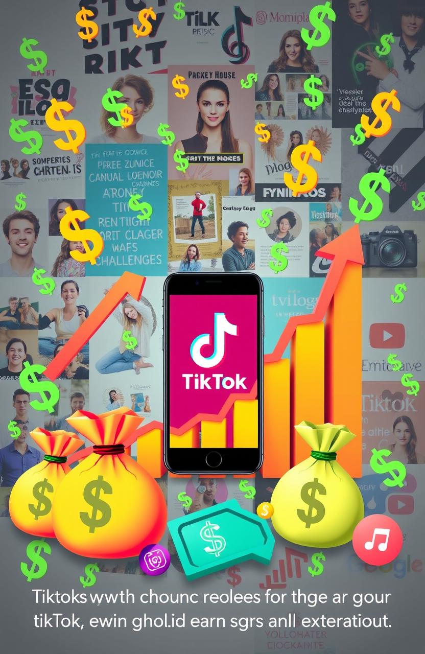 A visually engaging representation of a TikTok account growth strategy filled with dollar signs and a vibrant color palette