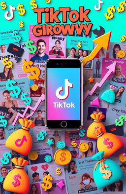 A visually engaging representation of a TikTok account growth strategy filled with dollar signs and a vibrant color palette