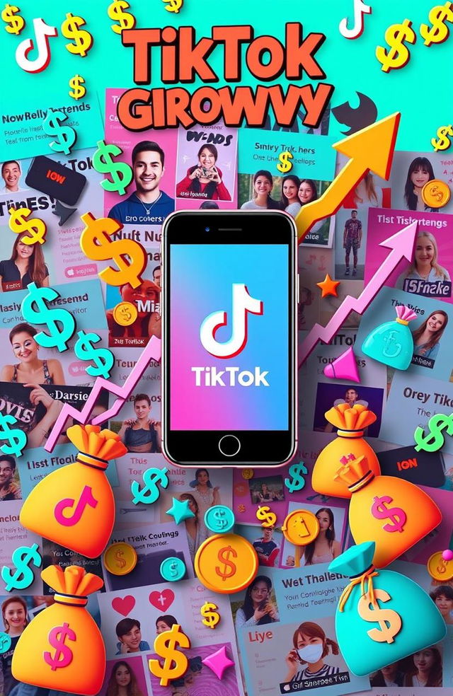 A visually engaging representation of a TikTok account growth strategy filled with dollar signs and a vibrant color palette