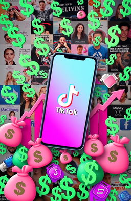 A visually engaging representation of a TikTok account growth strategy filled with dollar signs and a vibrant color palette