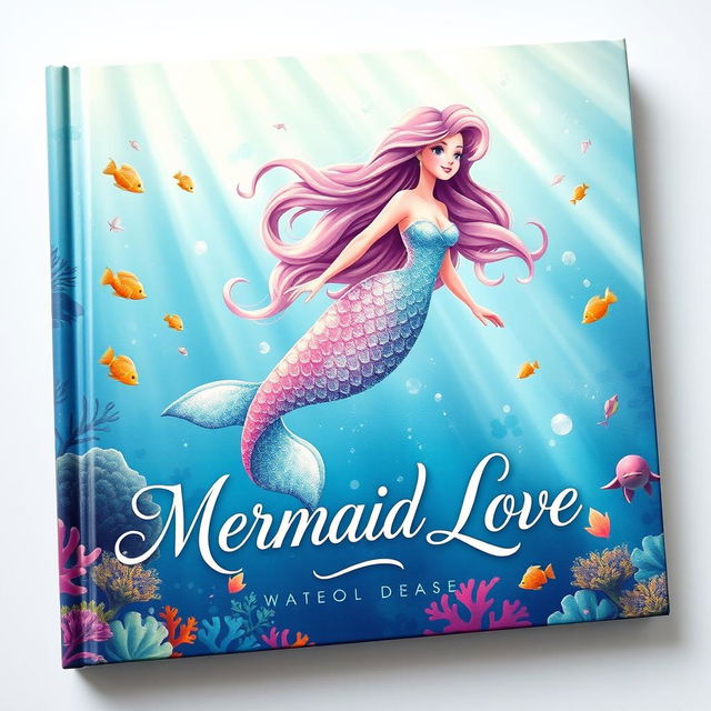 A whimsical book cover for 'Mermaid Love,' showcasing a breathtakingly beautiful mermaid with long, flowing hair and a sparkling, iridescent tail