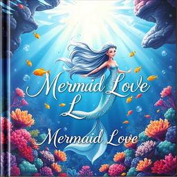 A whimsical book cover for 'Mermaid Love,' showcasing a breathtakingly beautiful mermaid with long, flowing hair and a sparkling, iridescent tail