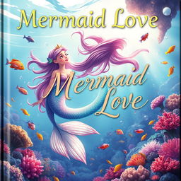 A whimsical book cover for 'Mermaid Love,' showcasing a breathtakingly beautiful mermaid with long, flowing hair and a sparkling, iridescent tail
