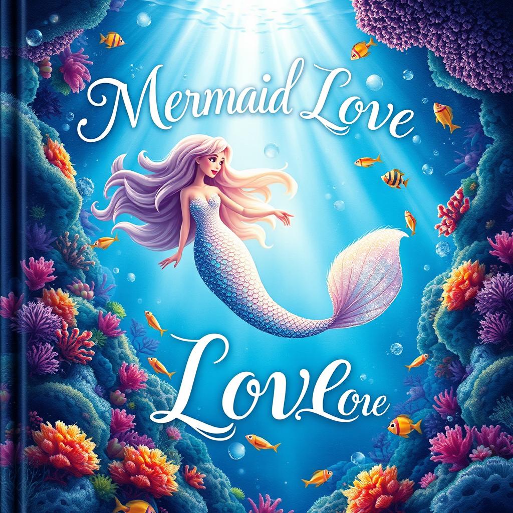 A whimsical book cover for 'Mermaid Love,' showcasing a breathtakingly beautiful mermaid with long, flowing hair and a sparkling, iridescent tail