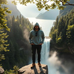 A mysterious and calm man wearing a hooded sweatshirt, standing confidently on a large stone at the edge of a majestic waterfall