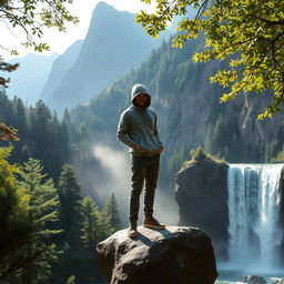 A mysterious and calm man wearing a hooded sweatshirt, standing confidently on a large stone at the edge of a majestic waterfall