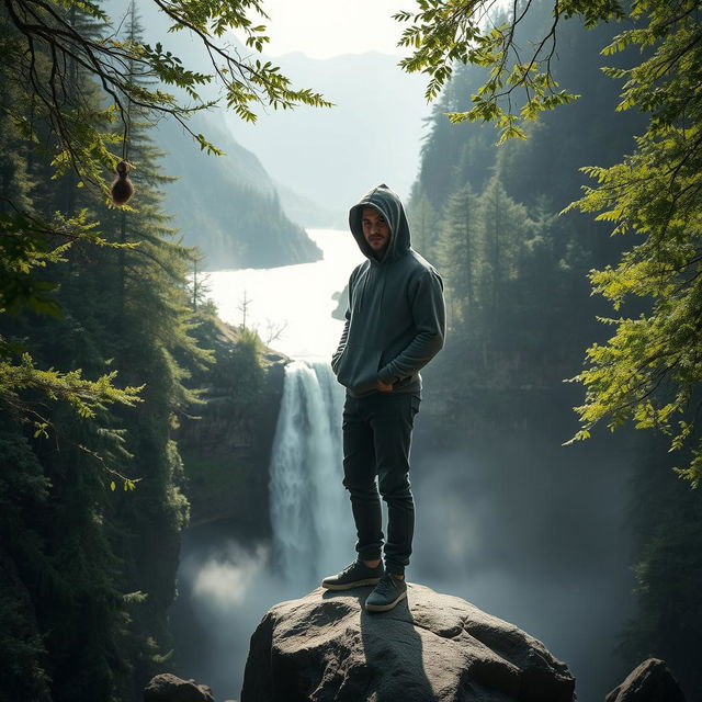 A mysterious and calm man wearing a hooded sweatshirt, standing confidently on a large stone at the edge of a majestic waterfall