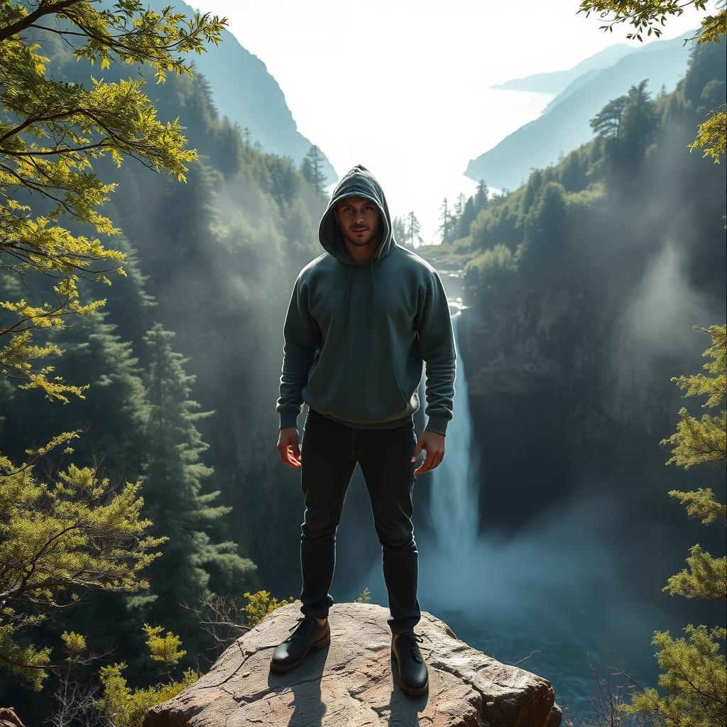 A mysterious and calm man wearing a hooded sweatshirt, standing confidently on a large stone at the edge of a majestic waterfall