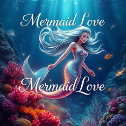 A stunning book cover for 'Mermaid Love,' prominently featuring a beautiful mermaid with glittering scales and flowing hair that dances in the water