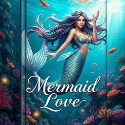 A stunning book cover for 'Mermaid Love,' prominently featuring a beautiful mermaid with glittering scales and flowing hair that dances in the water