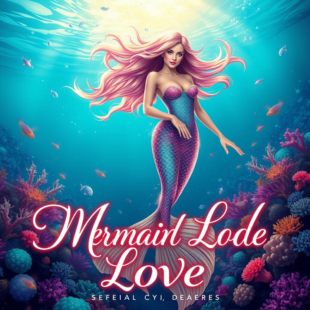 A stunning book cover for 'Mermaid Love,' prominently featuring a beautiful mermaid with glittering scales and flowing hair that dances in the water