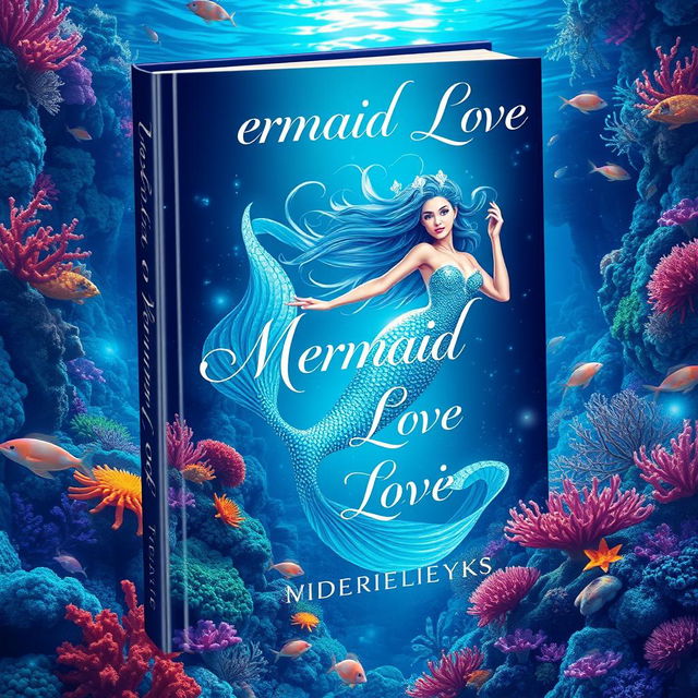 A stunning book cover for 'Mermaid Love,' prominently featuring a beautiful mermaid with glittering scales and flowing hair that dances in the water