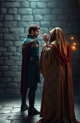 A royal prince standing with his back against a weathered stone brick wall, exuding an aura of nobility and strength