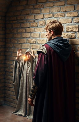 A royal prince standing with his back against a weathered stone brick wall, exuding an aura of nobility and strength