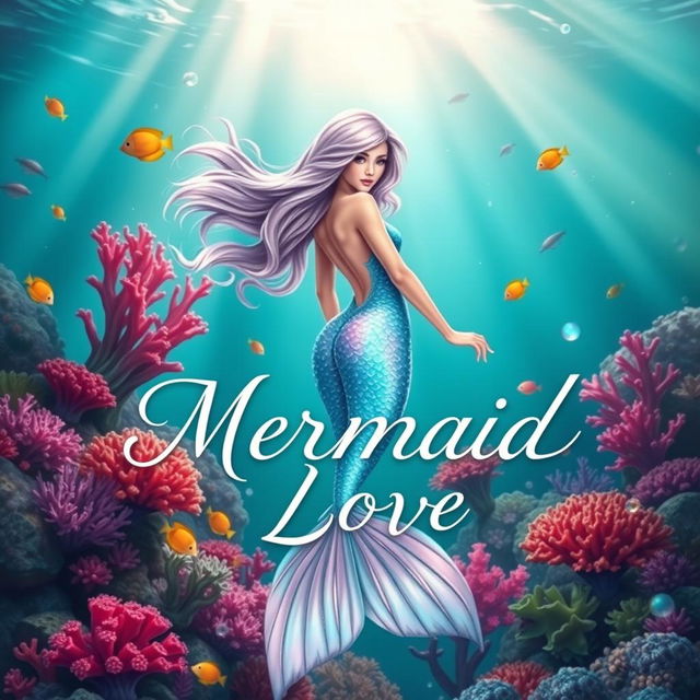 A captivating book cover for 'Mermaid Love,' featuring a stunningly beautiful mermaid with delicate, flowing hair and an iridescent tail that shimmers in shades of turquoise and lavender